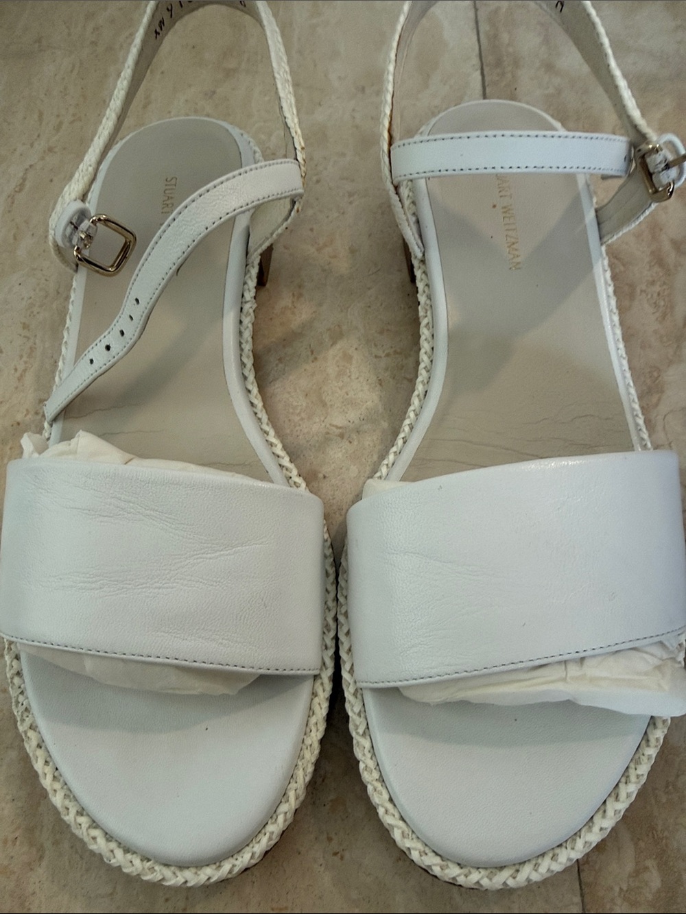 Stuart Weitzman White Leather Braided Espadrille Slingback Sandals